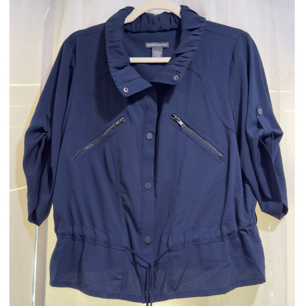 Chelsea‎ & Theodore Womens Navy Blue Ruffle Collar Utility Jacket Size Large